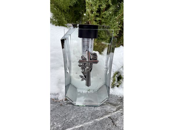 Лампадка скляно-металева на сонячній батареї з LED-світлом | Ритуальна лампада на кладовище з хрестом