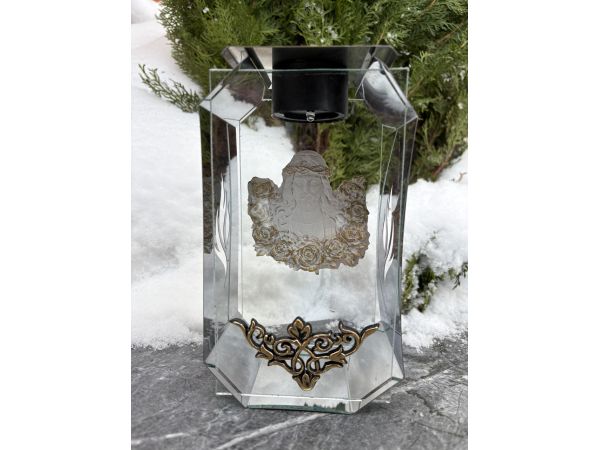 Лампадка скляно-металева на сонячній батареї з LED-світлом |  лампада на кладовище з образом Ісуса Христа