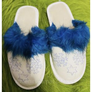Домашні жіночі шкіряні капці з овечої шерсті, Сніжинка синє хутро
