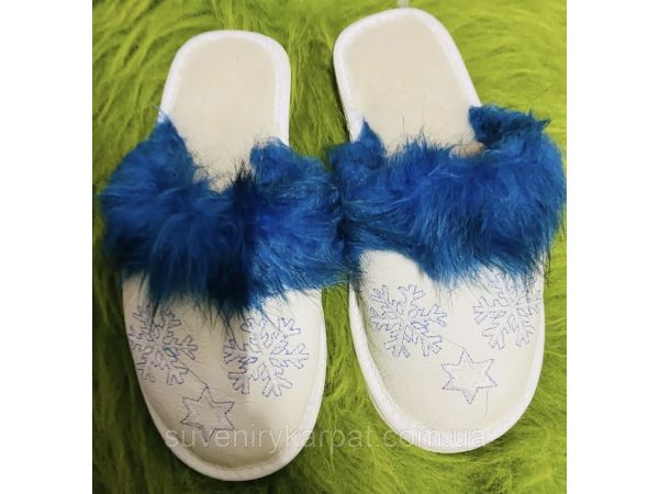 Домашні жіночі шкіряні капці з овечої шерсті, Сніжинка синє хутро