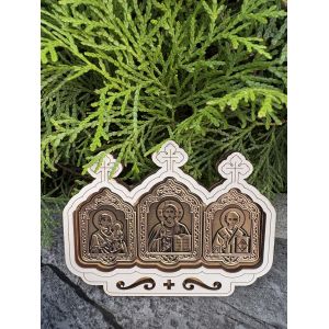 Автомобільний оберіг з іконами – Ісус Христос, Богородиця та Святий Миколай 9,5х7,2 см золотий