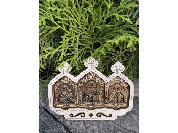 Автомобільний оберіг з іконами – Ісус Христос, Богородиця та Святий Миколай 9,5х7,2 см золотий