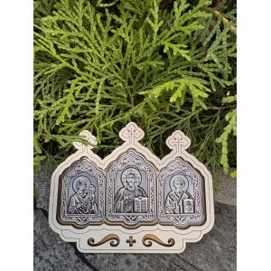 Автомобільний оберіг з іконами – Ісус Христос, Богородиця та Святий Миколай 9,5х7,2 см срібний