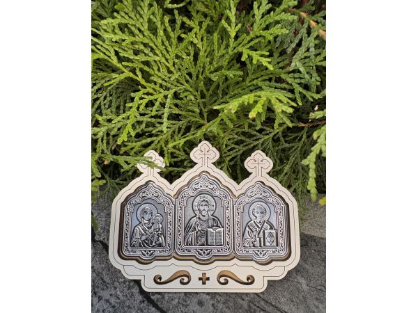 Автомобільний оберіг з іконами – Ісус Христос, Богородиця та Святий Миколай 9,5х7,2 см срібний