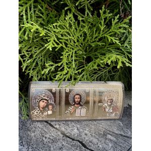 Автомобільний оберіг з іконами – Ісус Христос, Богородиця та Святий Миколай 12,5х5,5 см срібний