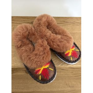 Зимові капці-чуни (закопанки) жіночі теплі домашні хутряні, антиковзка підошва 36 розмір риже хутро коричнева основа